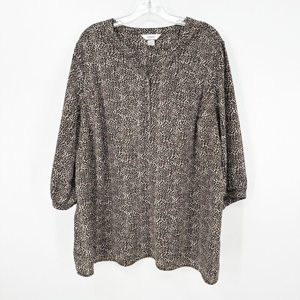 CJ Banks Womens Blouse 2X Leopard Print Tunic‎ 3/4 Sleeve Relaxed Fit Casual